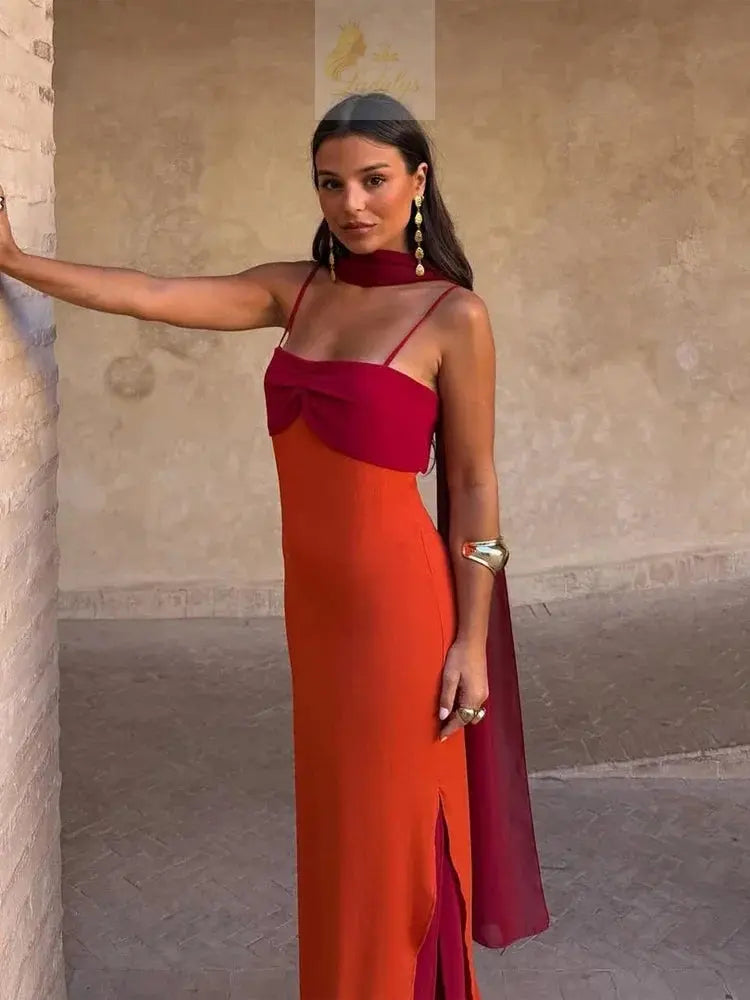 Blocking Scarf Collar Sling Dress Sexy Split Waist Cinching Bodycon Maxi Gowns LADYLYS