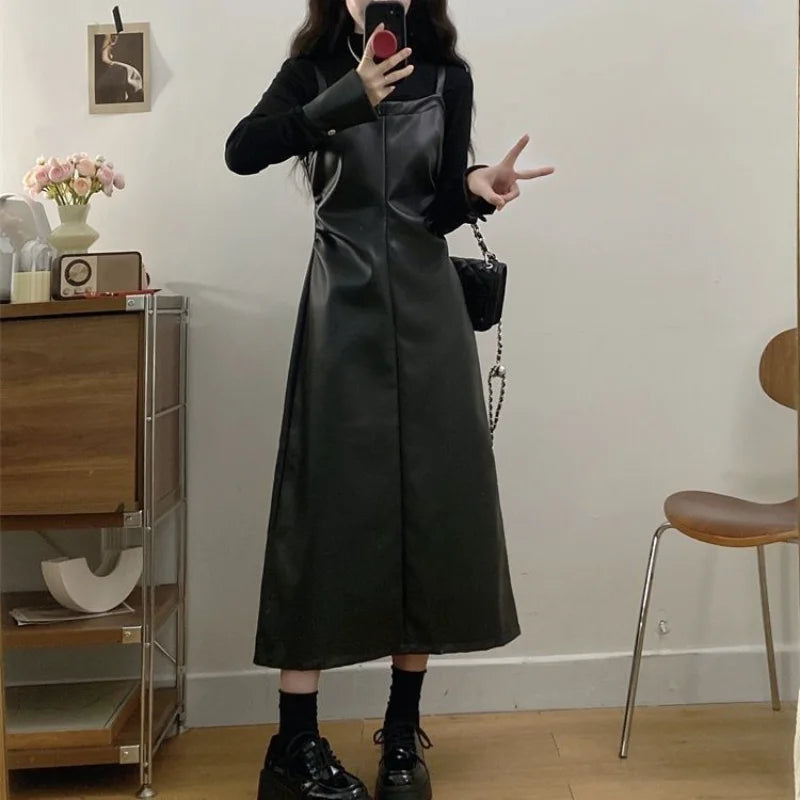 Women's Black PU Leather Dress – Faux Two-Piece A-Line, Long Sleeve, Midi Length