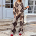 Women's Geometric Knit 2-Piece Set: Crew Neck Sweater and Wide-Leg Trousers