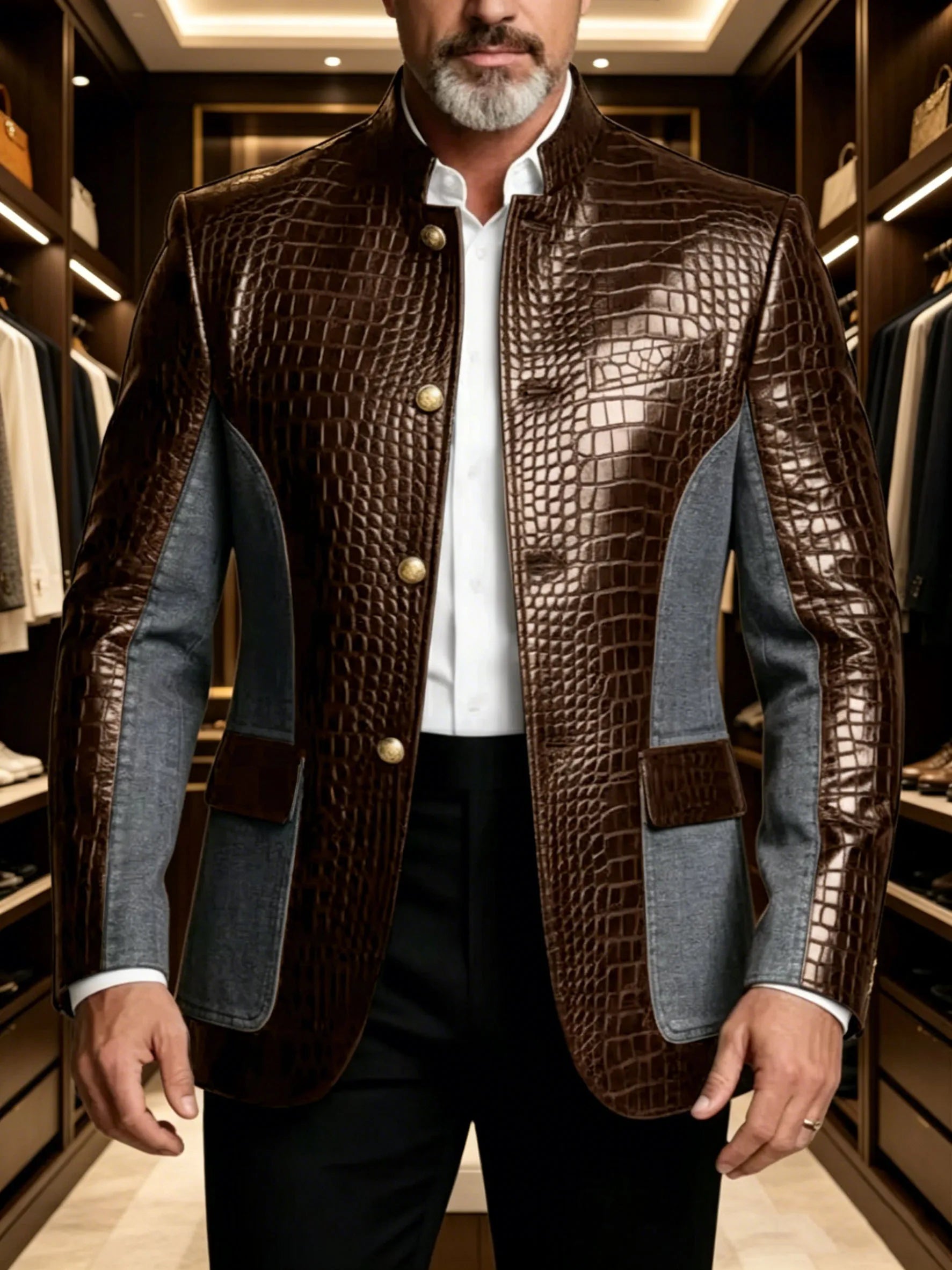 Men's Crocodile Embossed Leather Brown Jacket Patchwork Denim Luxury PU LADYLYS