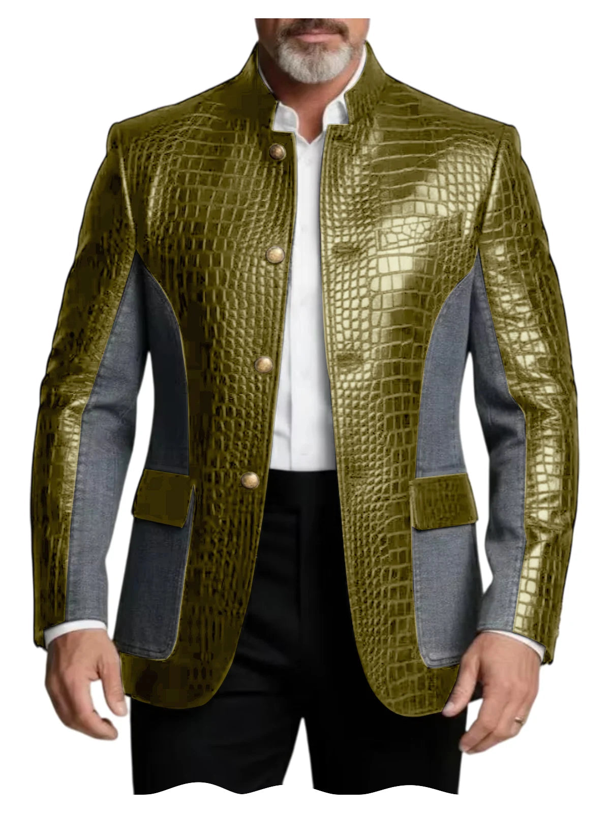 Men's Crocodile Embossed Leather Brown Jacket Patchwork Denim Luxury PU LADYLYS