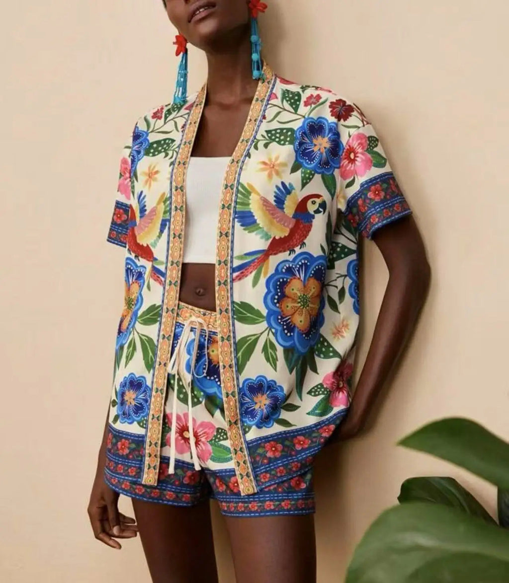 Casual Printed Cardigan Short-sleeved Top Shorts Two-piece Set LADYLYS