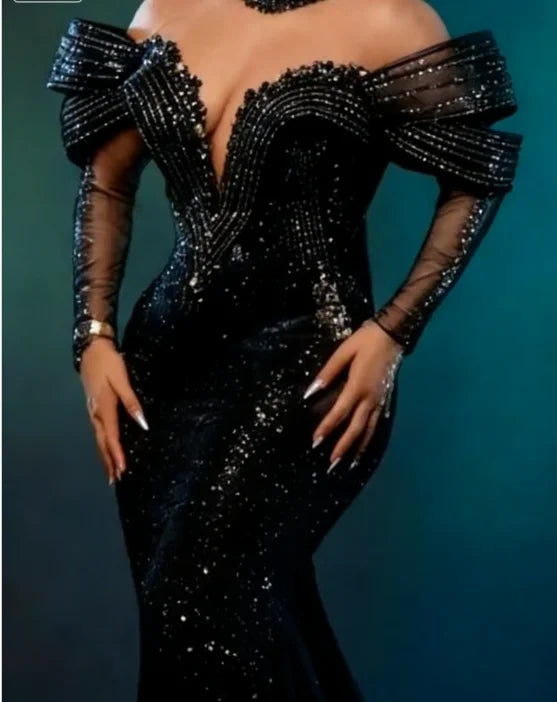 Aso Ebi Luxury Silver Lace Beaded Evening Dresses LADYLYS