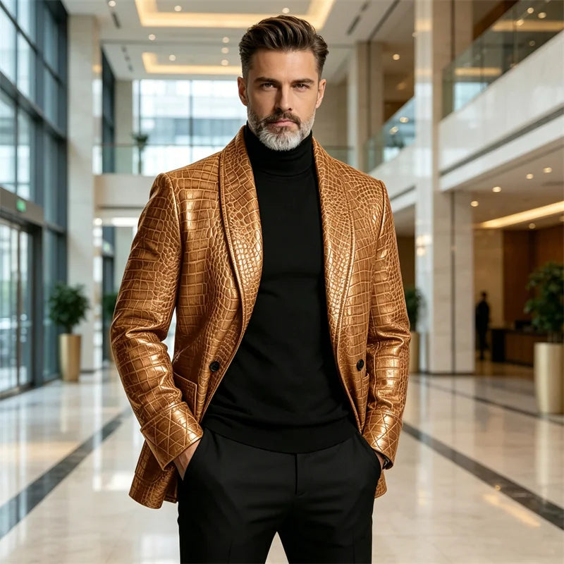Men's Luxury Shawl Lapel Blazer Crocodile Embossed Leather LADYLYS