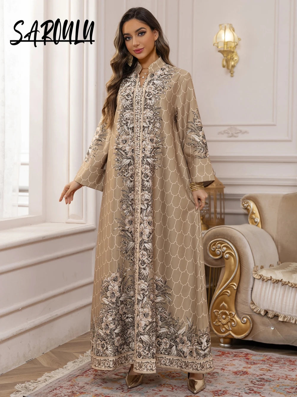 Floral Printing Unique Arabic Evening Dress, Charming Pearls Long Sleeves Cocktail Gown LADYLYS