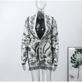 Women's Jacquard Knit Wrap Cardigan with Belt and Fringe Trim