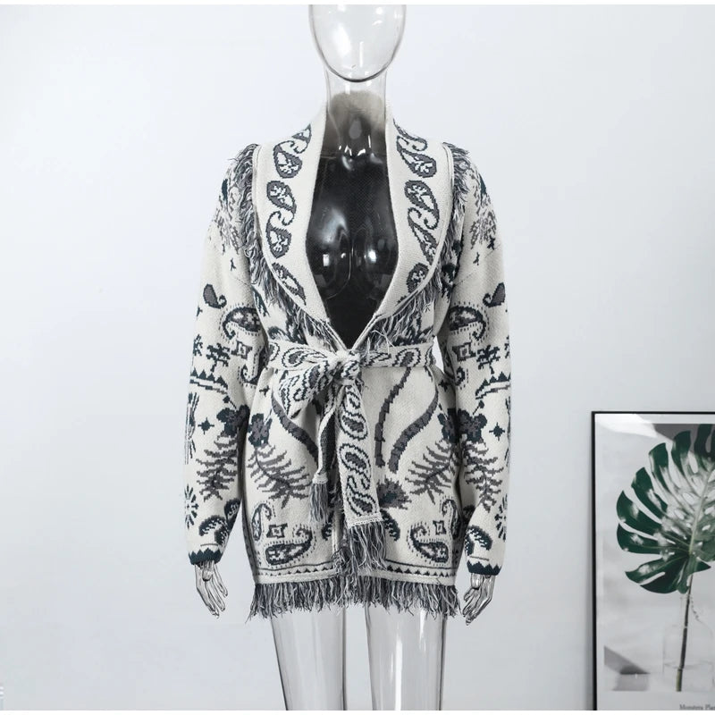 Women's Jacquard Knit Wrap Cardigan with Belt and Fringe Trim