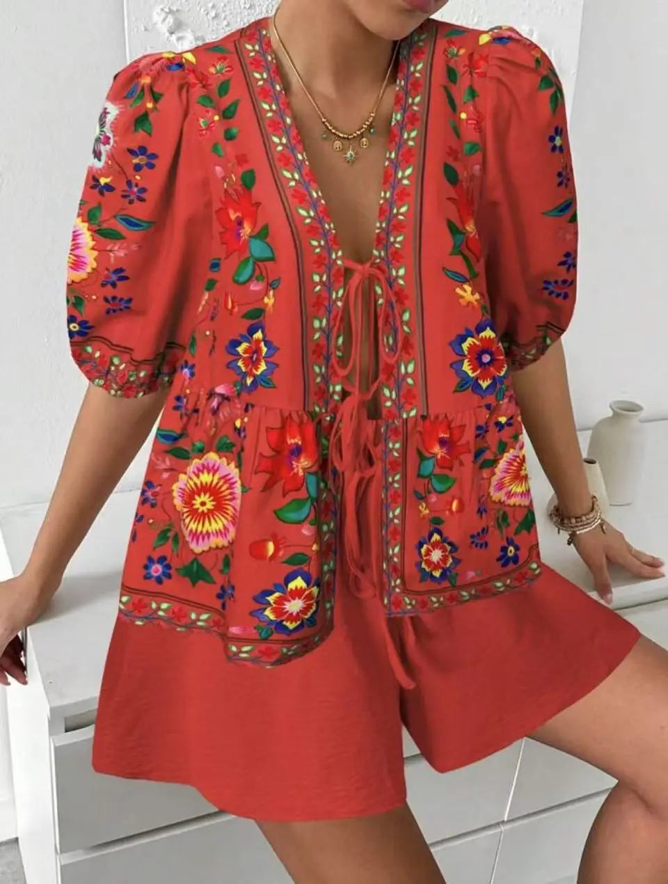 Printed Cardigan Short-sleeved Top Shorts 2-piece Set LADYLYS