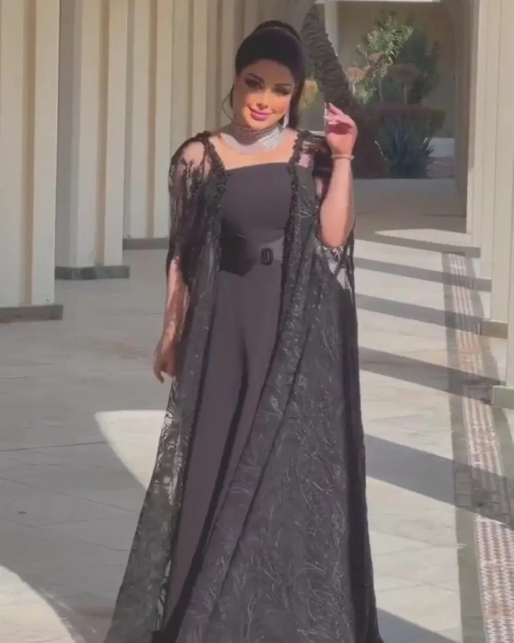 Chiffon A-Line Formal Gown with Square Neck and Lace Stole