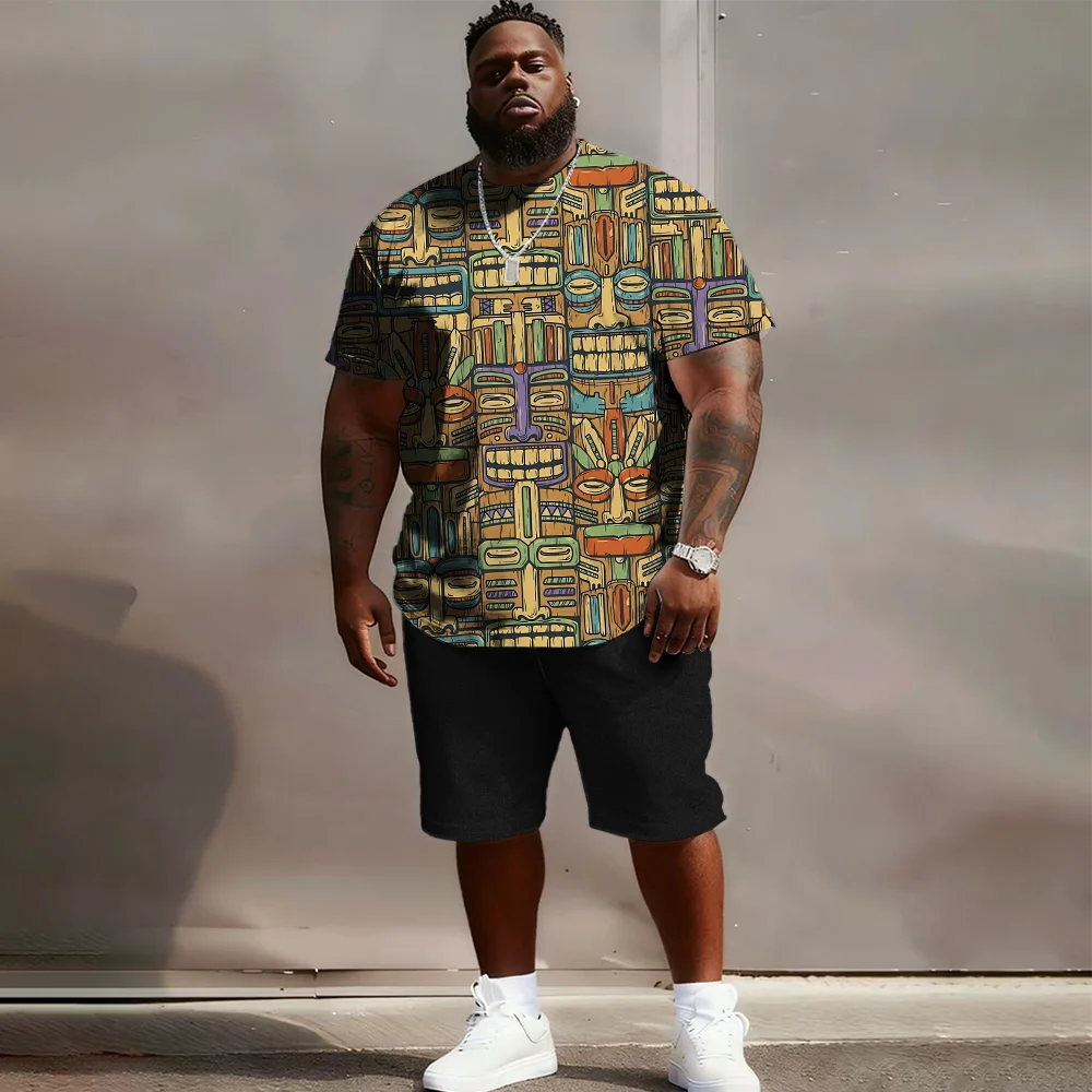 Men's Tiki Totem Print T-Shirt & Shorts Set, Tropical & Summer Style LADYLYS