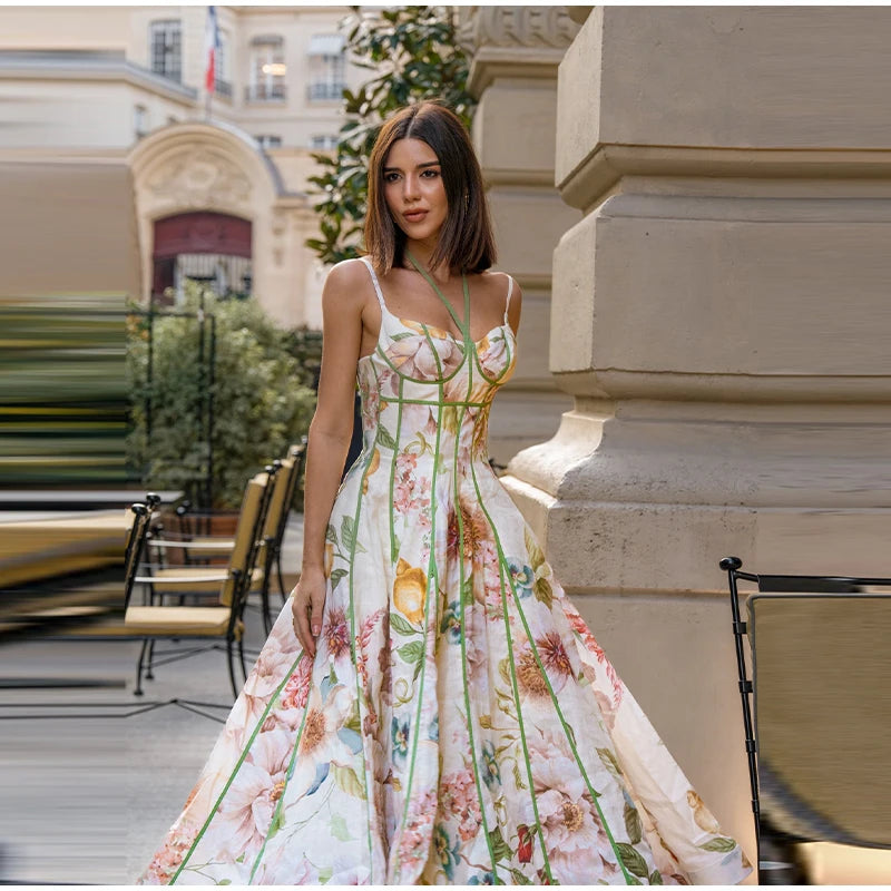 Floral Print Halter Neck Corset Waist Maxi Dress Elegant LADYLYS
