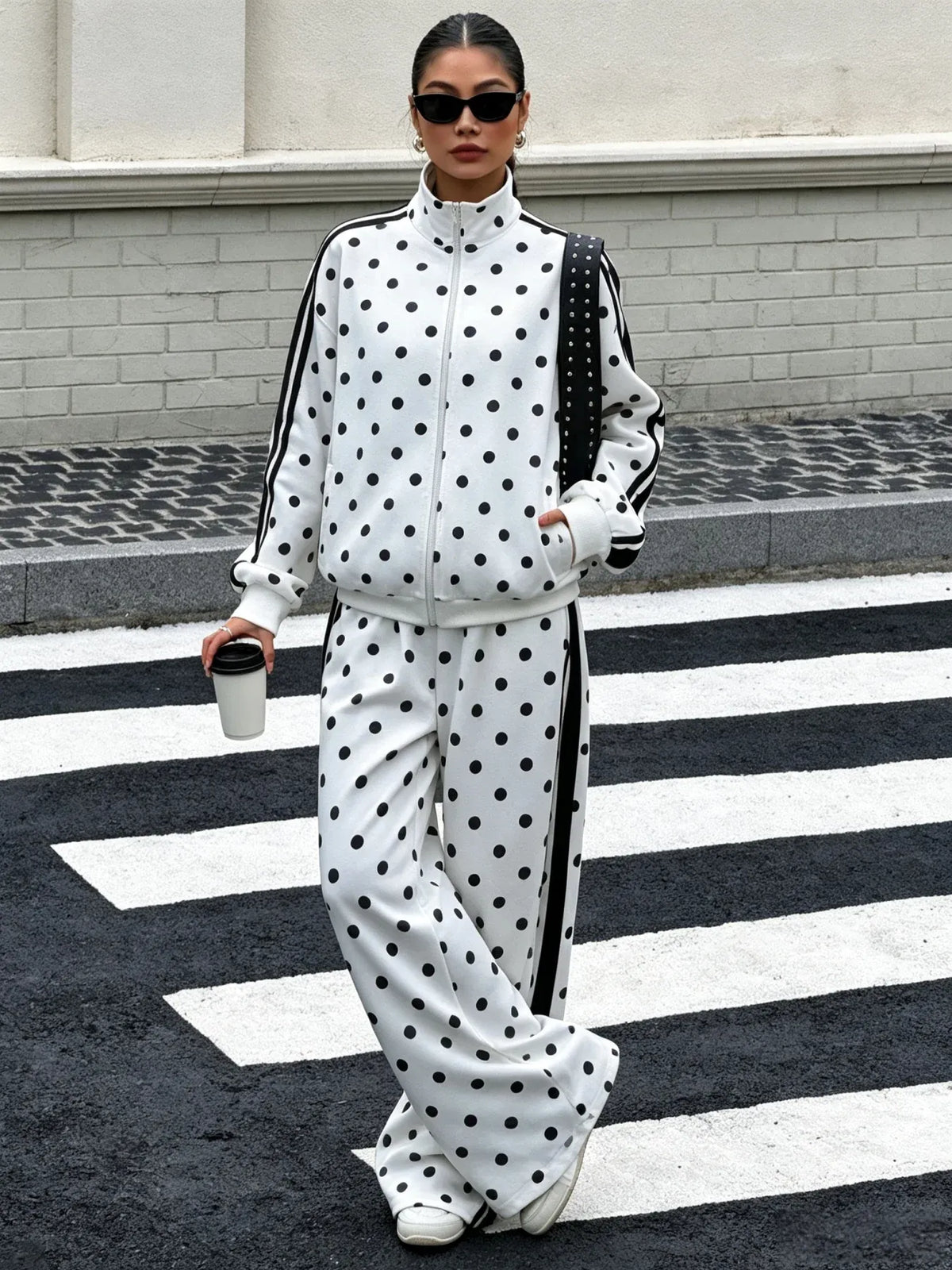 Women's Polka Dot Zip-Up Jacket & Wide-Leg Trousers Set