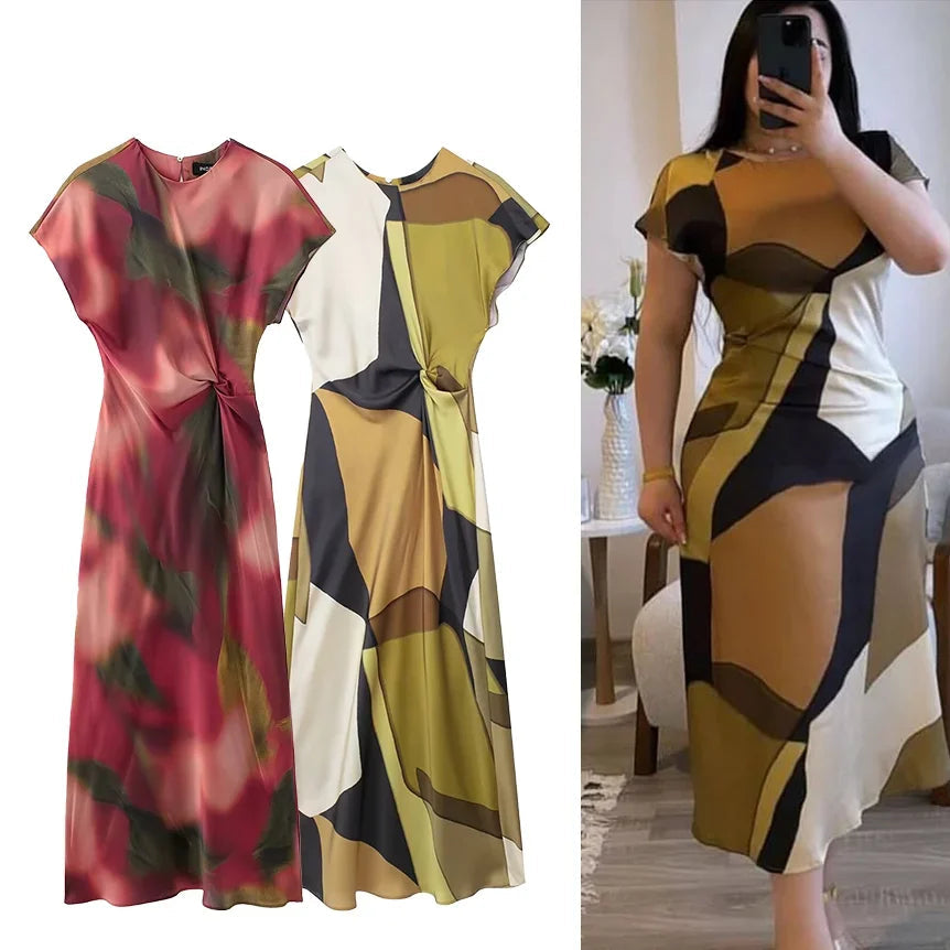 Vintage Satin Asymmetric Print Midi Pinch Pleat Long Dress LADYLYS