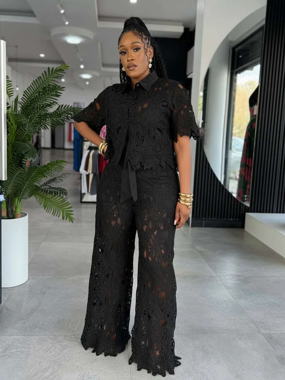 Women's Hollow Lace 2-Piece Set — Streetwear Top & Wide Leg Trousers LADYLYS