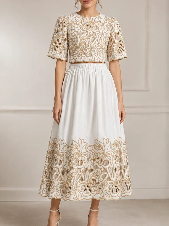 Embroidered Hollow-Out Top & Skirt Set – Elegant Color Block 2-Piece