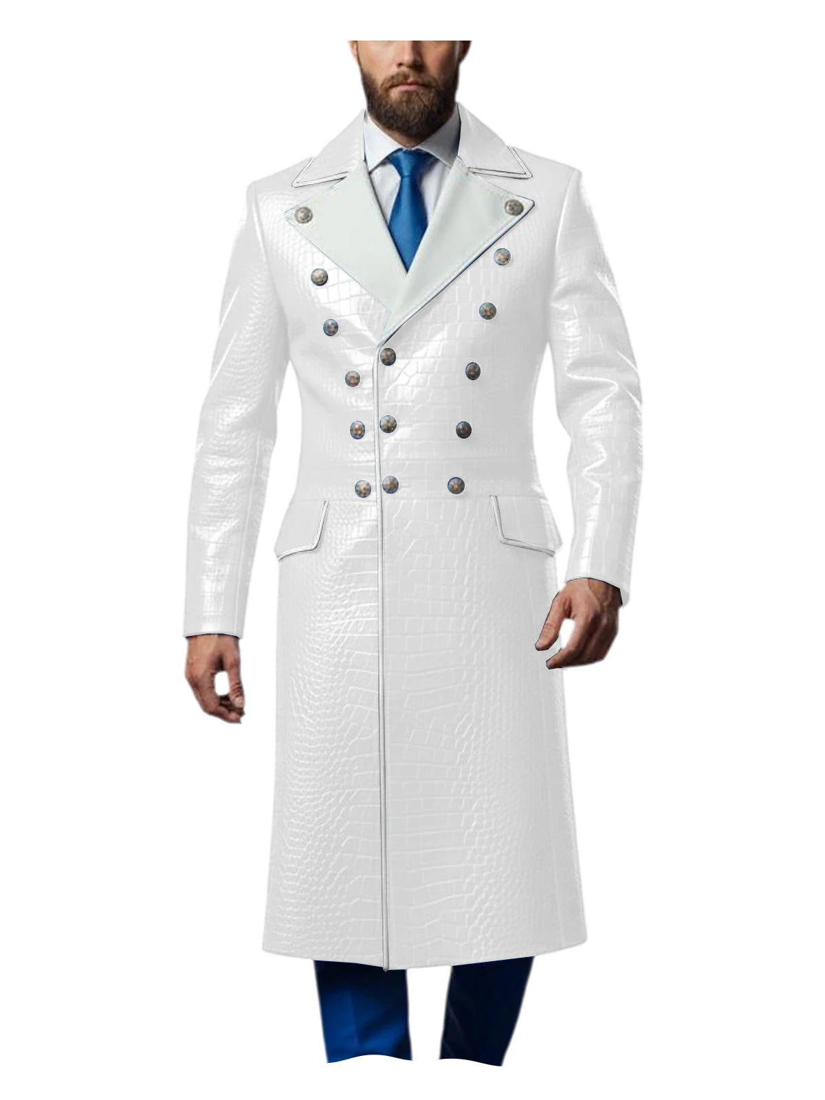 Men's Croc-Embossed Faux Leather Double-Breasted Overcoat with Contrast White Lapels