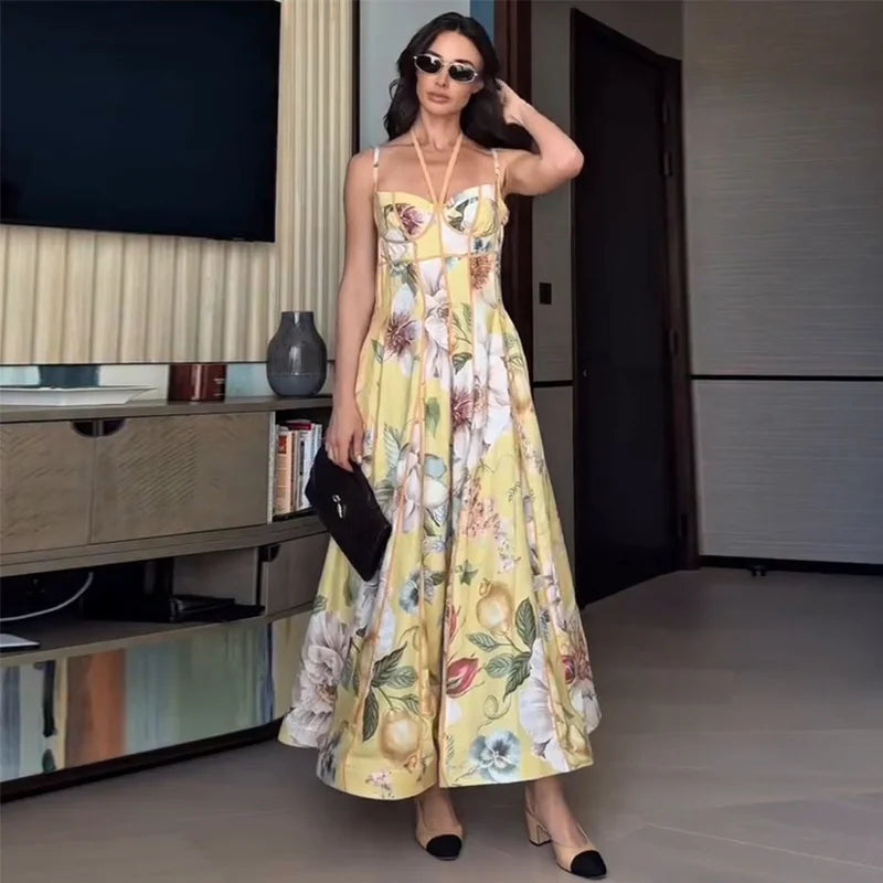 Floral Print Halter Neck Corset Waist Maxi Dress Elegant LADYLYS