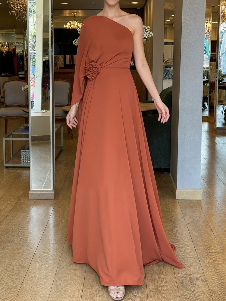 Women's Sexy Slant Shoulder Pleat Long Dress Fashion Flower Dimensional Solid Party Dress Casual Long One Shoulder Gowns Dress LADYLYS