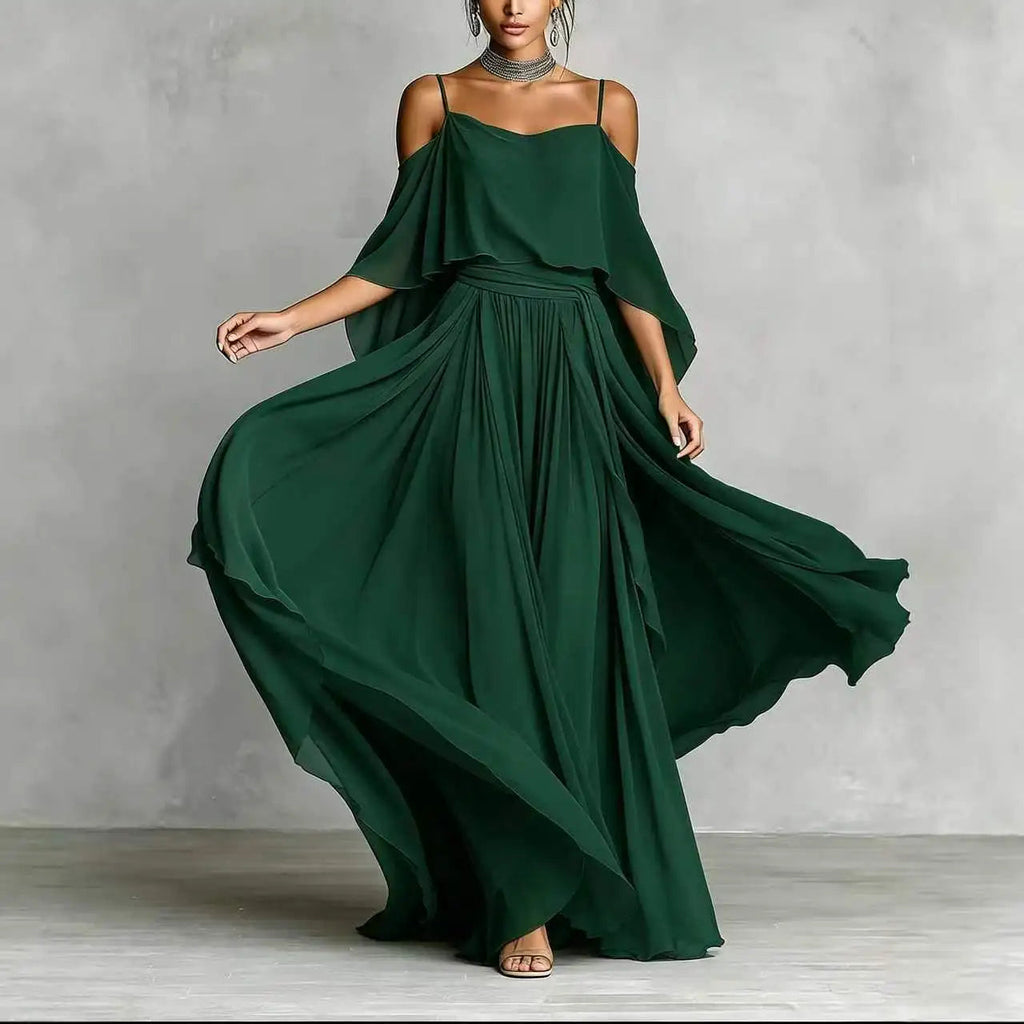 Summer Fashion Solid Chiffon Dress Elegant Off Shoulder Strap Bat Sleeve High Waist Long Dress Women Wedding Guest Outfits LADYLYS