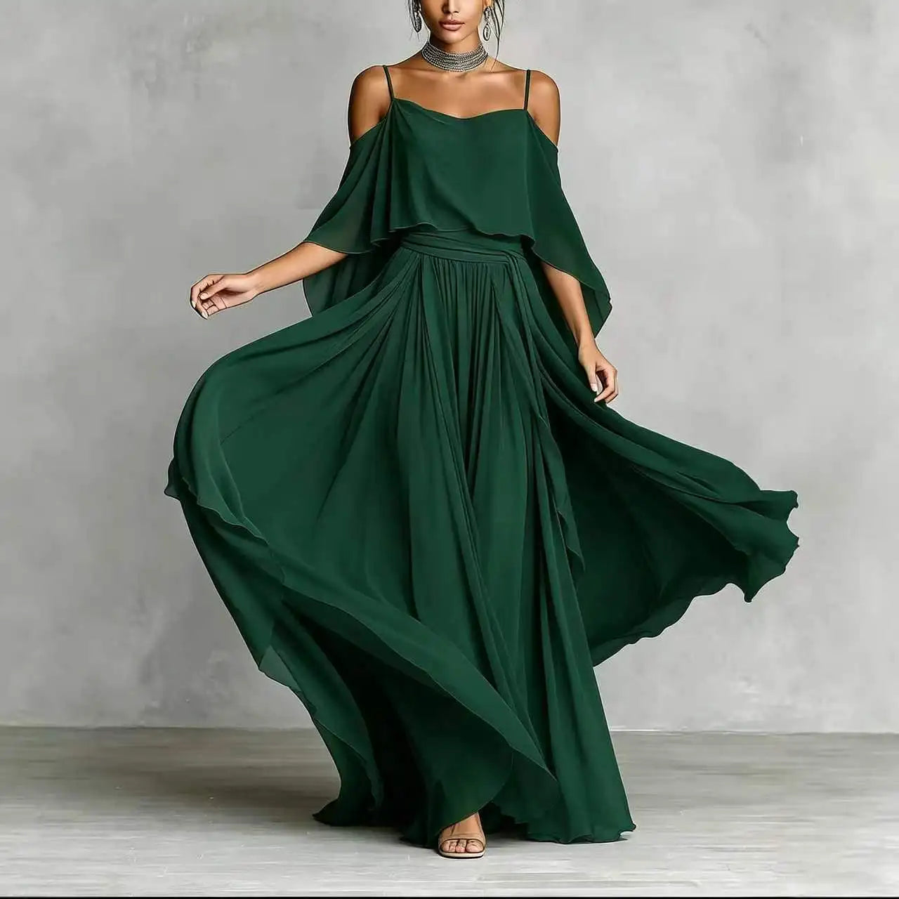 Summer Fashion Solid Chiffon Dress Elegant Off Shoulder Strap Bat Sleeve High Waist Long Dress Women Wedding Guest Outfits LADYLYS