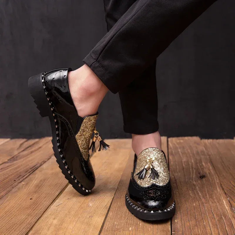Men's Sequin Loafers in Black & Black Gold