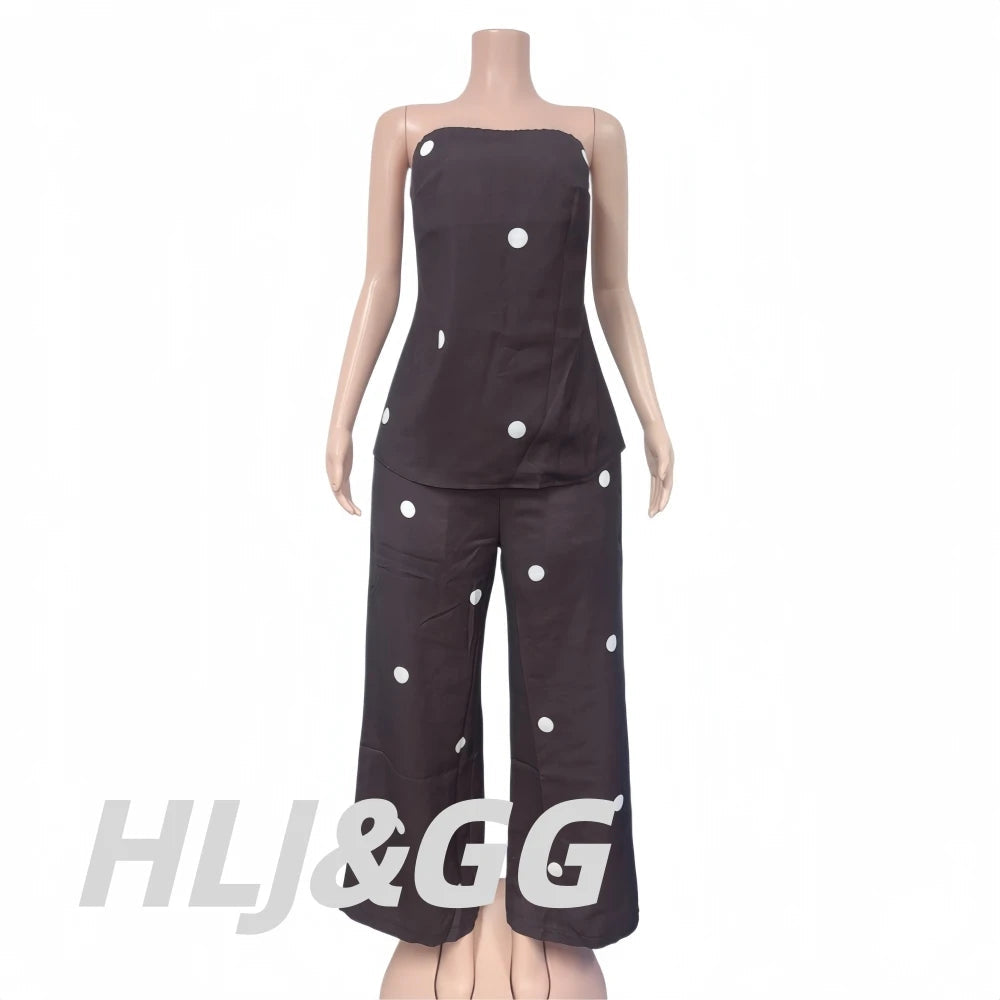 HLJ Women Polka Dot 2 Piece Outfits Elegant Bandeau Tube Top + High Waist Wide Leg Pants Set Summer Casual Streetwear Holidays LADYLYS