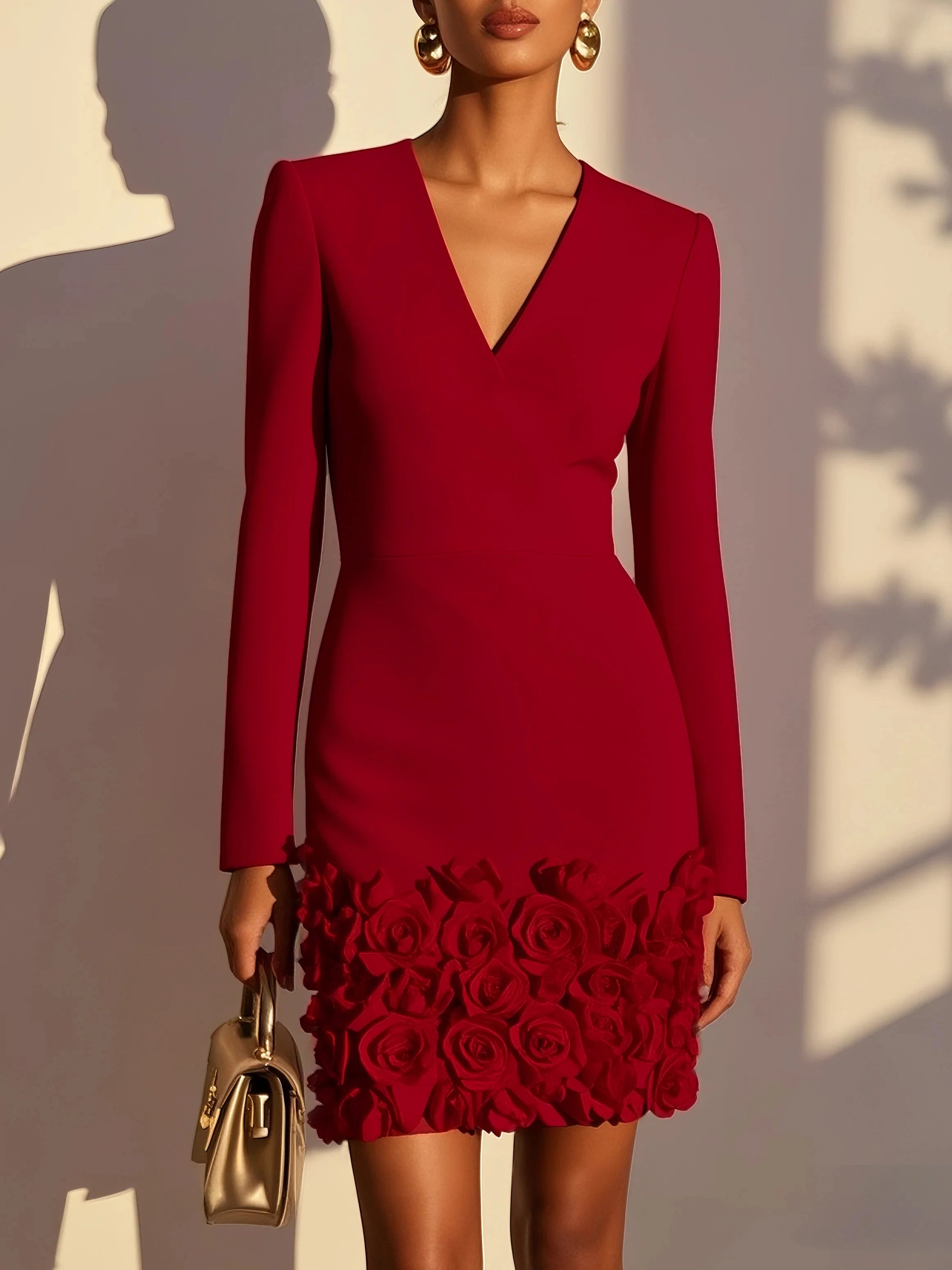 Handcrafted Floral Pleat V-Neck Mini Dress – Elegant Evening & Party Dress