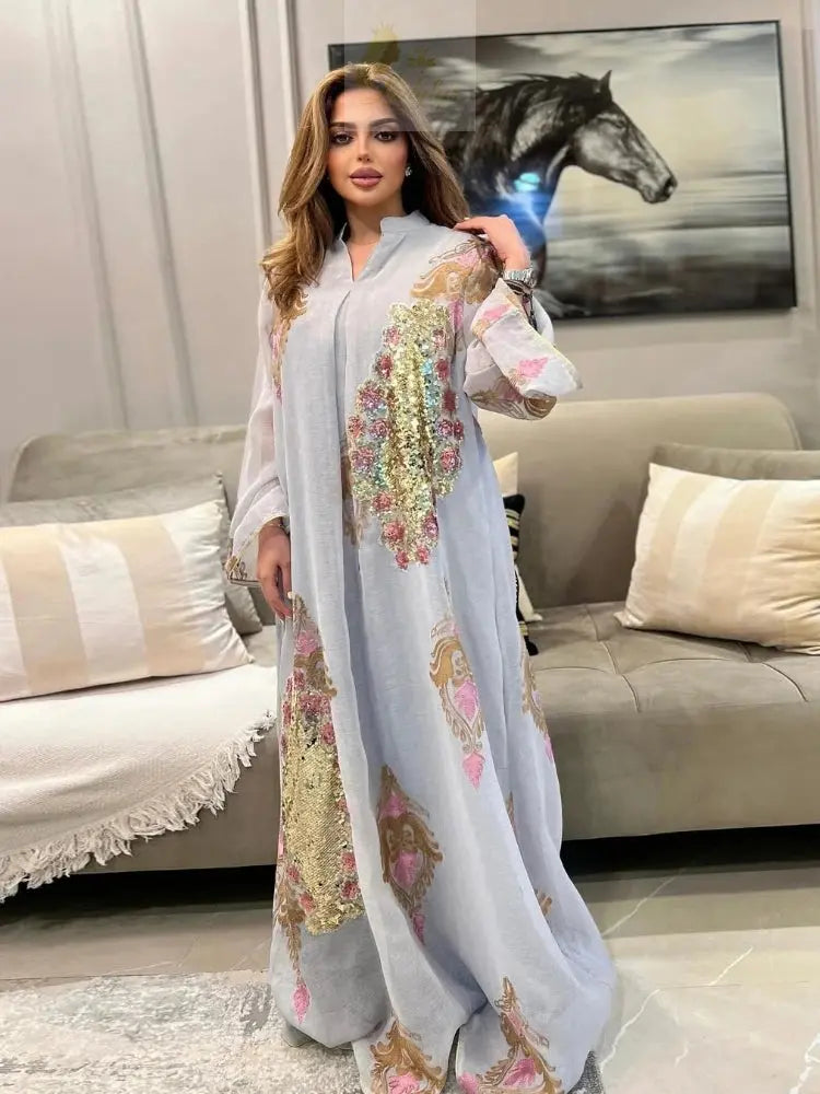 Morocco Dress for Women Muslim Abaya India Stand Collar Abayas Enbroidery Sequins LADYLYS