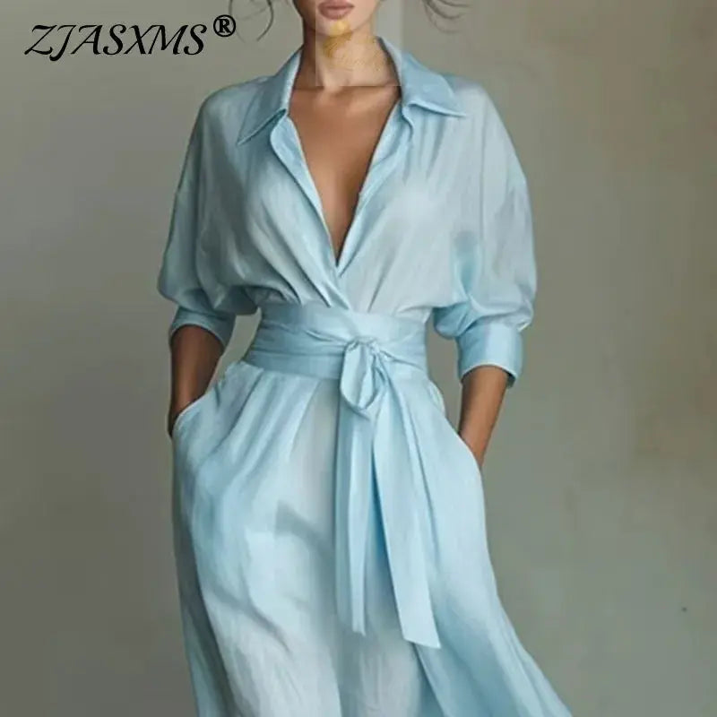 Bohemian Elegant Lace-up Turn-down Collar Hollow Spring 3/4 Sleeve Pocket Maxi Dress LADYLYS