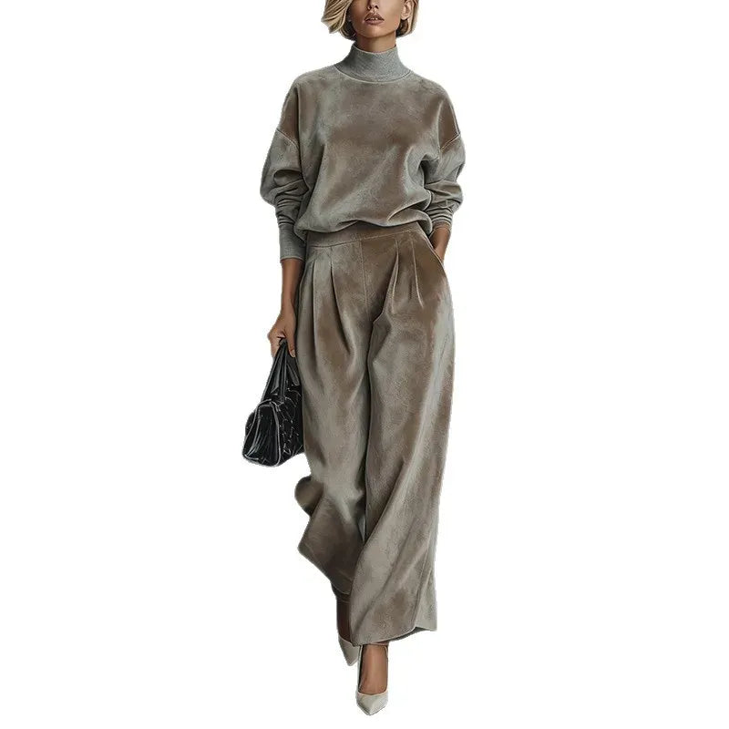 Women's High-Neck Velvet Top & Wide-Leg Trousers Set
