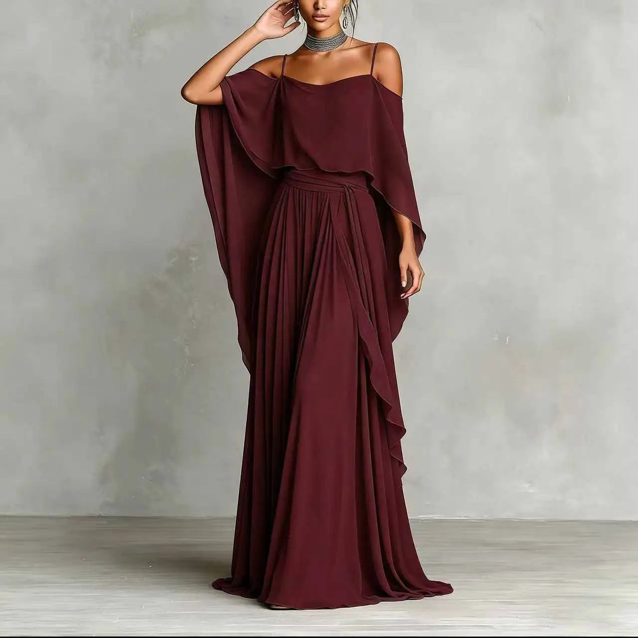 Summer Fashion Solid Chiffon Dress Elegant Off Shoulder Strap Bat Sleeve High Waist Long Dress Women Wedding Guest Outfits LADYLYS