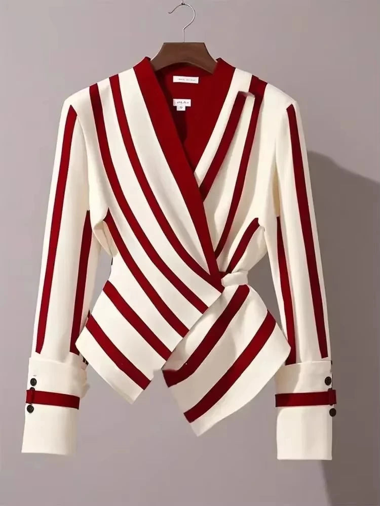 Luxury Long Sleeve Shirt Unique Chic Korean Style V-neck Striped Blosues Tops LADYLYS