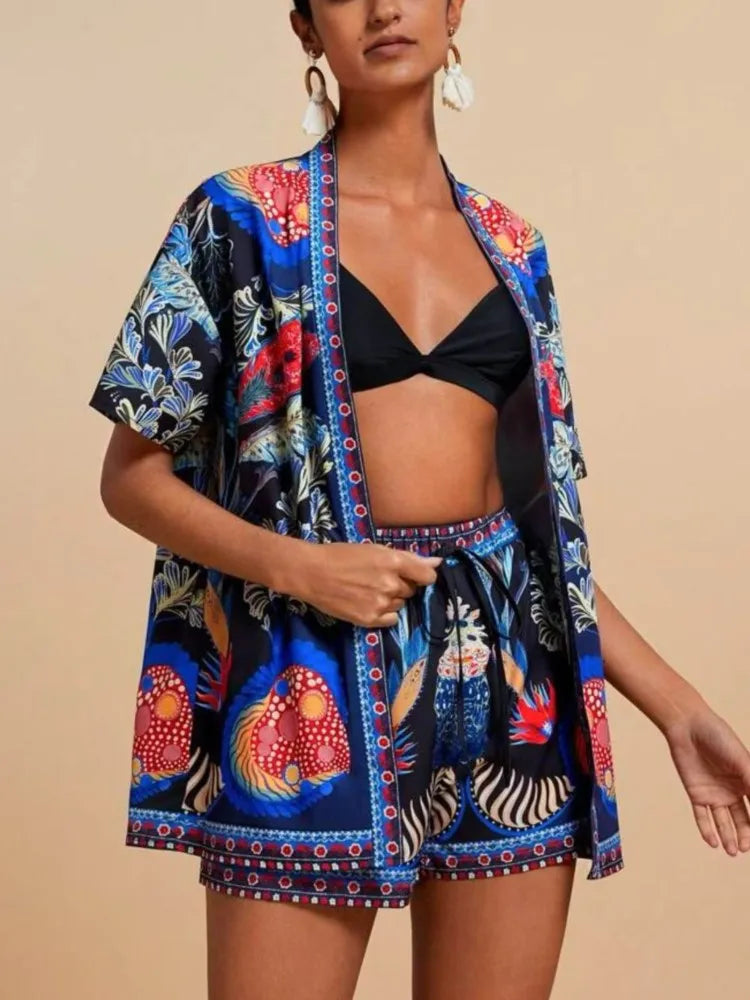 Casual Printed Cardigan Short-sleeved Top Shorts Two-piece Set LADYLYS