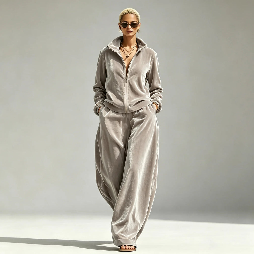 Women's Velvet Two-Piece Set with Wide-Leg Pants