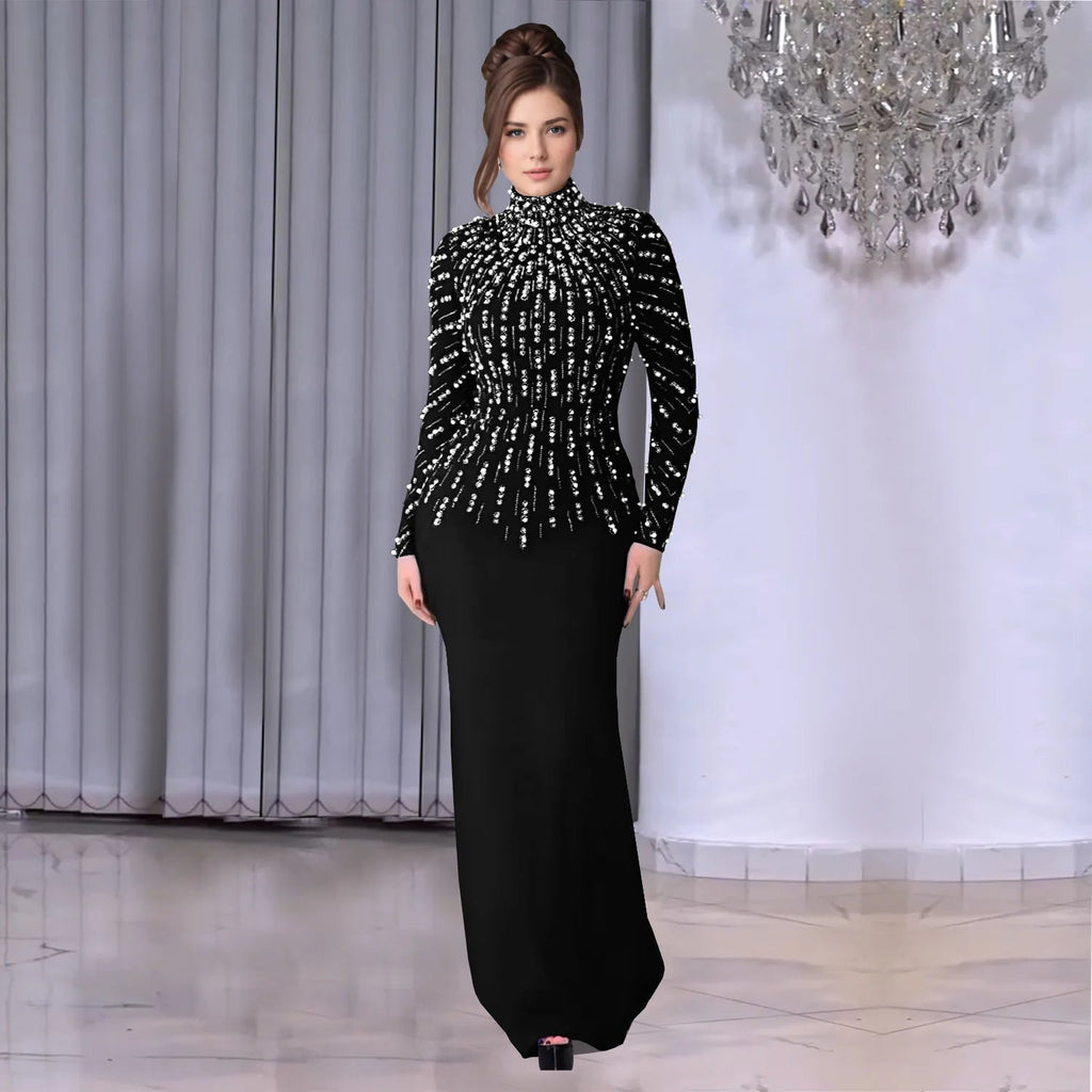 Elegant Party Diamond Pearl Long Bodycon Dress Women O Neck Long Sleeve Glitter LADYLYS