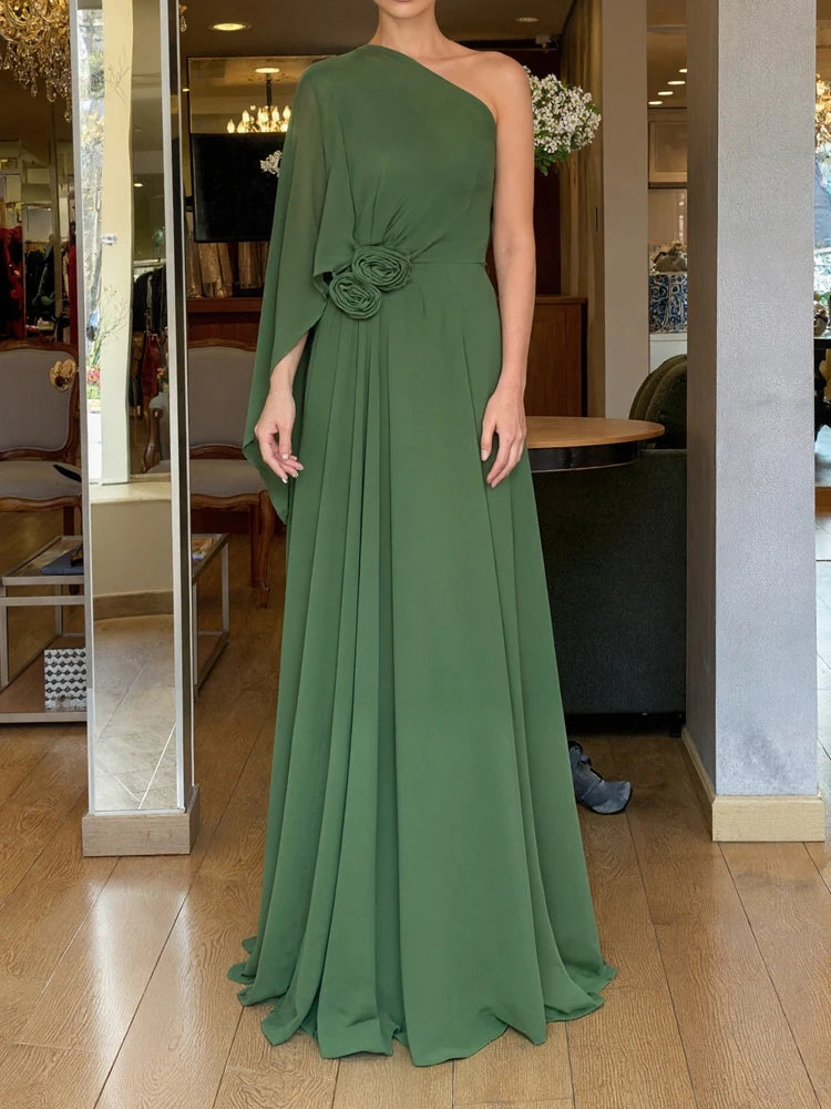 Women's Sexy Slant Shoulder Pleat Long Dress Fashion Flower Dimensional Solid Party Dress Casual Long One Shoulder Gowns Dress LADYLYS