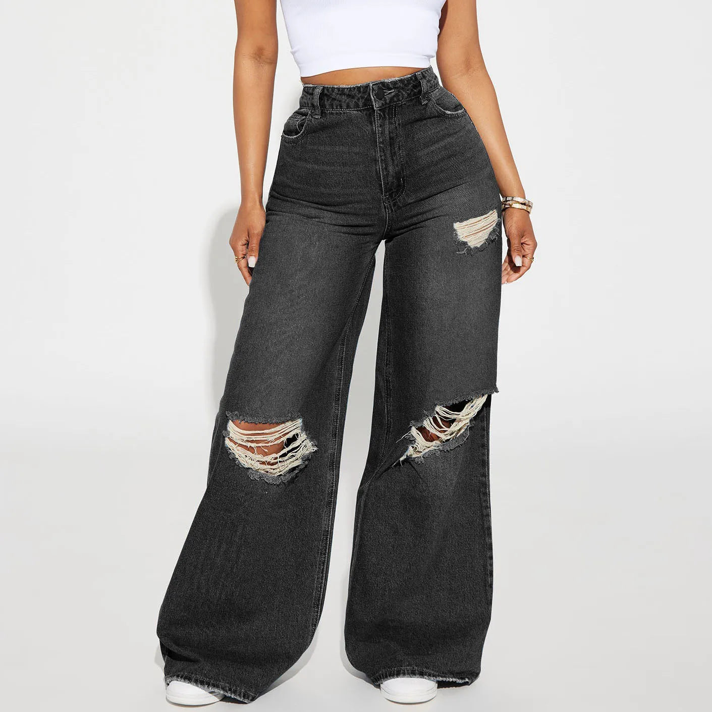 Wide-leg Jeans Washed Holes Loose Casual Floor-length Jeans Women LADYLYS