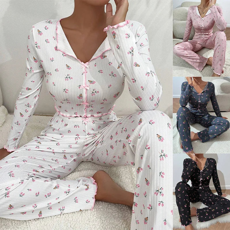 Cute Floral Ribbed Pajama Set Womens Long Sleeve V Neck LADYLYS