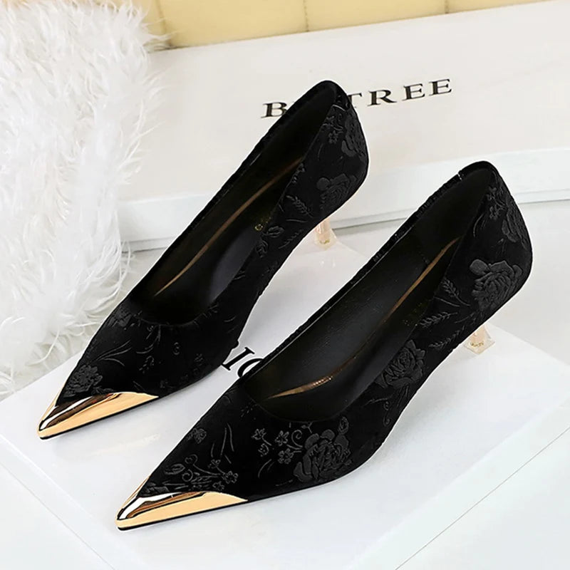 Vintage Suede Print 4cm High Heels Pumps Female Chic Metal Pointed Toe Elegant LADYLYS