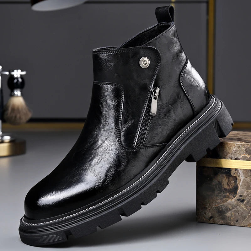 Men's Genuine Leather Zip-Up Ankle Boots – British Retro High-Top Non-Slip Booties