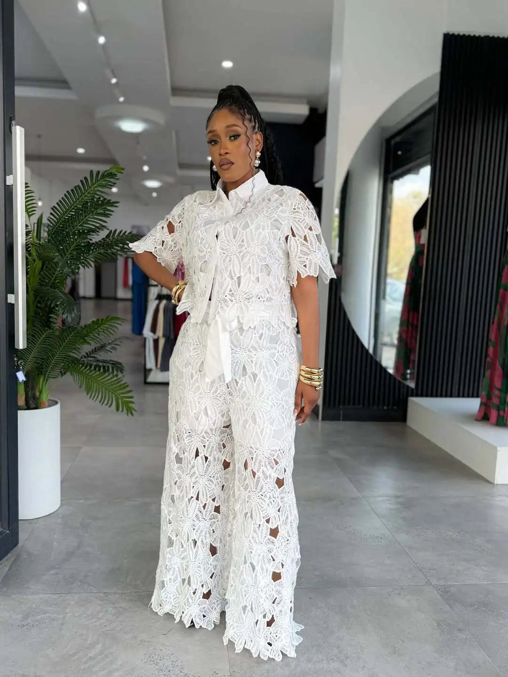 Women's Hollow Lace 2-Piece Set — Streetwear Top & Wide Leg Trousers LADYLYS