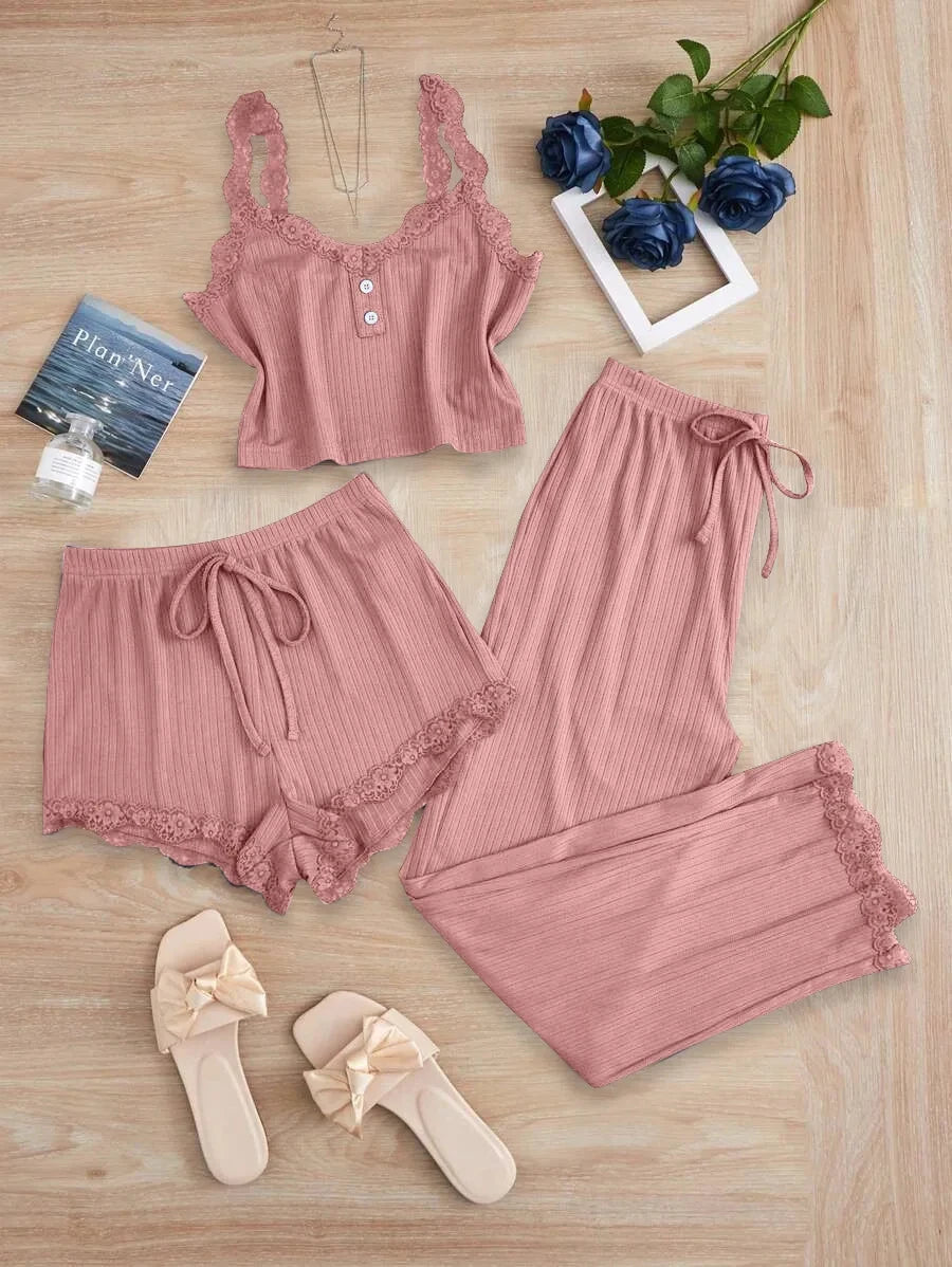 3PCS Pajama Sets Solid Vest Shorts and Pants Paired with Lace Splicing LADYLYS