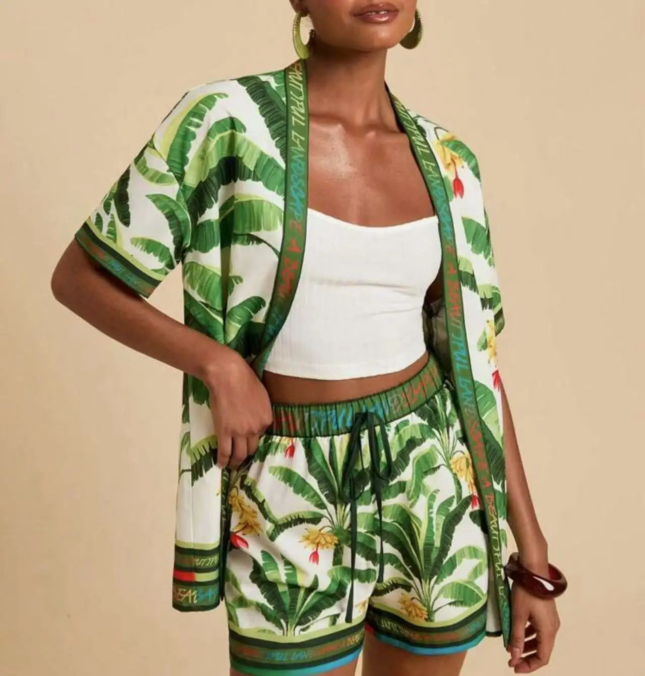 Casual Printed Cardigan Short-sleeved Top Shorts Two-piece Set LADYLYS