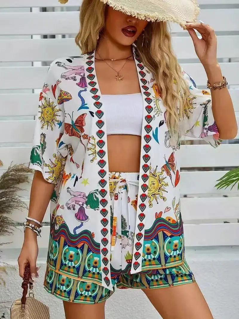 Casual Printed Cardigan Short-sleeved Top Shorts Two-piece Set LADYLYS