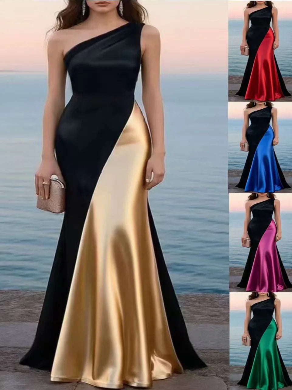 Women's Luxury Satin One-Shoulder Mermaid Gown — Black & Red Patchwork Evening Dress