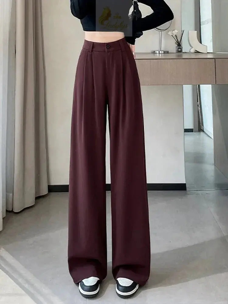 Botvotee Burgundy Suits Pants for Women Office Lady Elegant High Waist Wide Leg LADYLYS