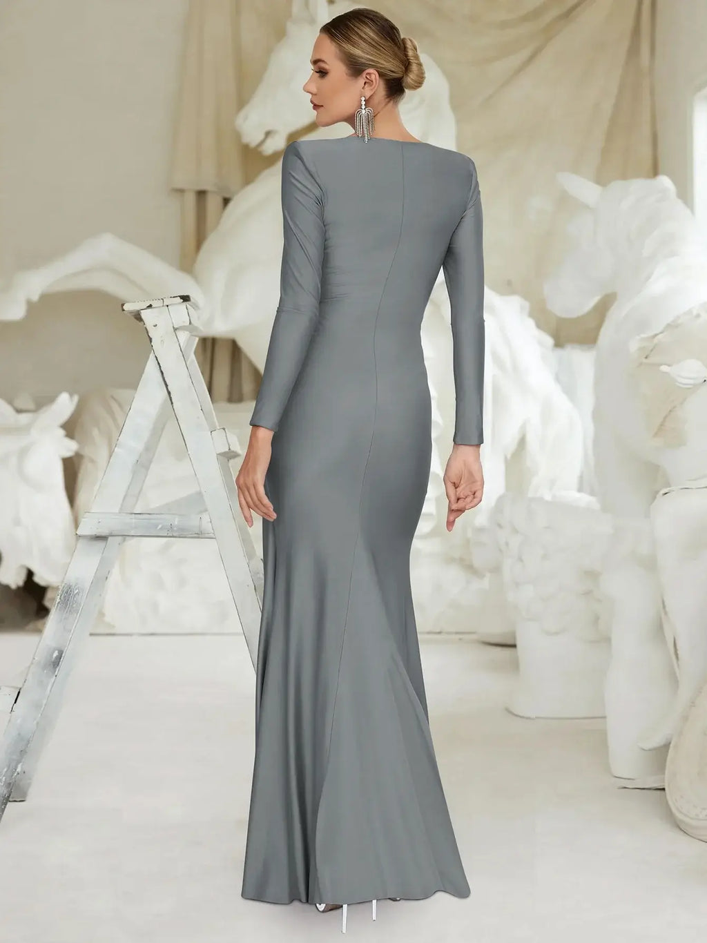 Ruched Bodycon Maxi Dress with Long Sleeves and Fishtail Hem