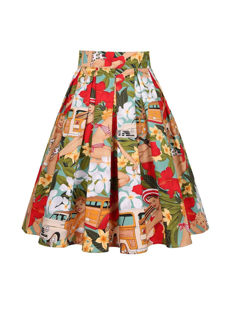 Summer French Style Women Short Vintage Pleated High Waist Floral Print Skirts LADYLYS