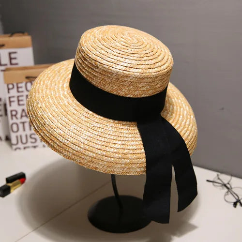 Red edging 2026 Sun Hats Hepburn hat Shiny Straw Hat European American  Braided Female Sunshade  chapeau femme LADYLYS