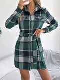 Women's Plaid Shirt Dress – Long Sleeve Belted A-Line Knee-Length Dress | Retro Casual Style
